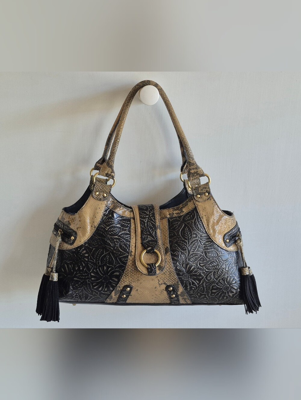 Original by Sharif 1827 Snakeskin Embossed Floral Design Large Hobo Shoulder Bag